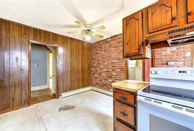 59 Colonial Ave, Cranston, RI 02910 - kitchen with white electric stove, ceiling fan, light flooring, wood walls, and brown cabinetry