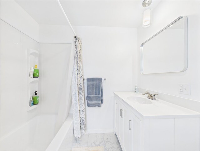 34 Beach Plum Rd, Narragansett, RI 02882 - bathroom with vanity, marble look tiles, and shower / bath combo with shower curtain