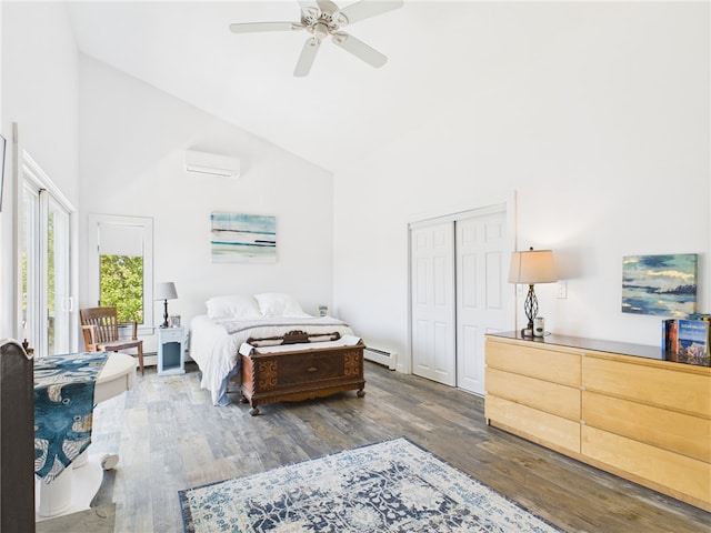 34 Beach Plum Rd, Narragansett, RI 02882 - bedroom with a baseboard heating unit, high vaulted ceiling, wood finished floors, access to outside, and ceiling fan