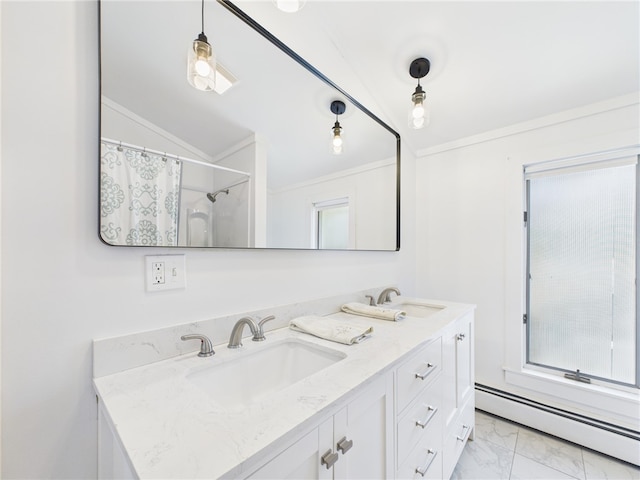 34 Beach Plum Rd, Narragansett, RI 02882 - full bath with a baseboard radiator, marble look tiles, double vanity, crown molding, and vaulted ceiling