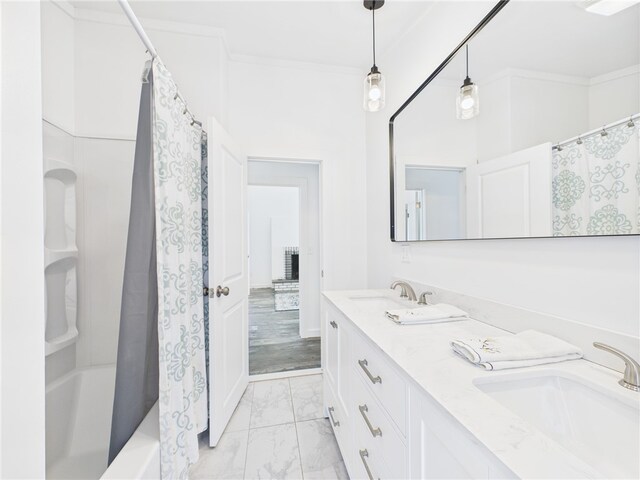 34 Beach Plum Rd, Narragansett, RI 02882 - bathroom with marble finish floors, double vanity, shower / bath combo with shower curtain, and ornamental molding