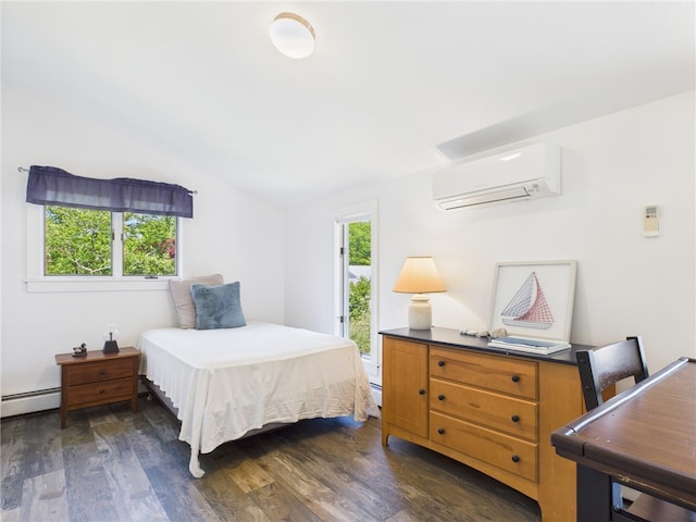 34 Beach Plum Rd, Narragansett, RI 02882 - bedroom featuring a wall mounted AC, vaulted ceiling, baseboard heating, dark wood-type flooring, and an office area