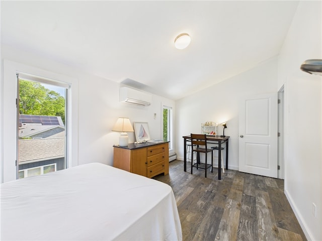 34 Beach Plum Rd, Narragansett, RI 02882 - bedroom with dark wood-style flooring, multiple windows, an AC wall unit, a baseboard radiator, and lofted ceiling