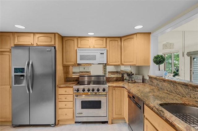 180 Fishing Cove Rd, North Kingstown, RI 02852 - kitchen featuring stainless steel appliances, light brown cabinetry, stone countertops, light tile patterned floors, and recessed lighting