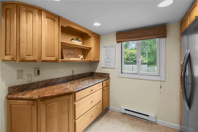 180 Fishing Cove Rd, North Kingstown, RI 02852 - kitchen featuring a baseboard radiator, freestanding refrigerator, dark stone countertops, open shelves, and recessed lighting