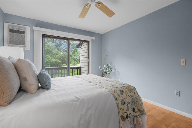 180 Fishing Cove Rd, North Kingstown, RI 02852 - bedroom with access to outside, light wood-style flooring, an AC wall unit, and ceiling fan