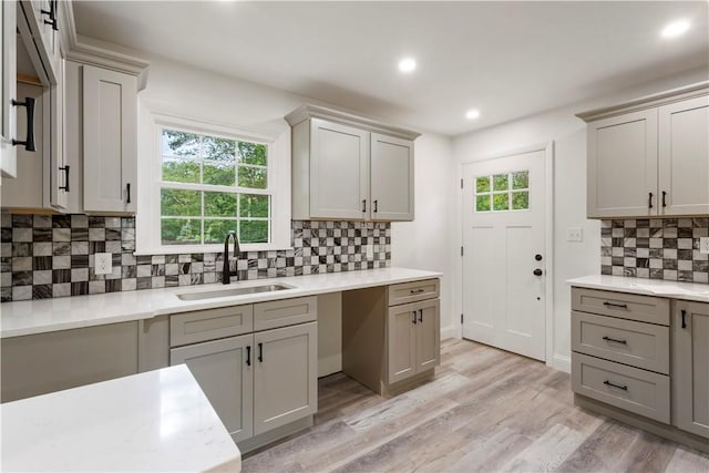 226 Quaker Ln, Scituate, RI 02857 - kitchen with gray cabinetry, backsplash, light countertops, recessed lighting, and light wood-style floors