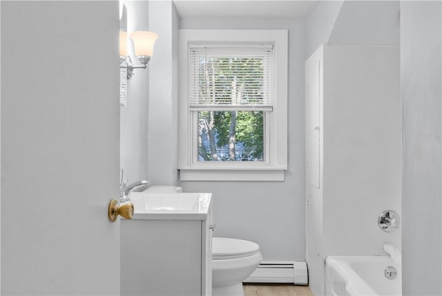 74 Park View Blvd, Cranston, RI 02910 - bathroom featuring a baseboard heating unit, vanity, shower / bathtub combination, and wood finished floors