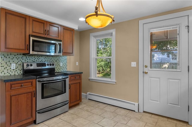 74 Park View Blvd, Cranston, RI 02910 - kitchen with appliances with stainless steel finishes, baseboard heating, dark countertops, and decorative backsplash