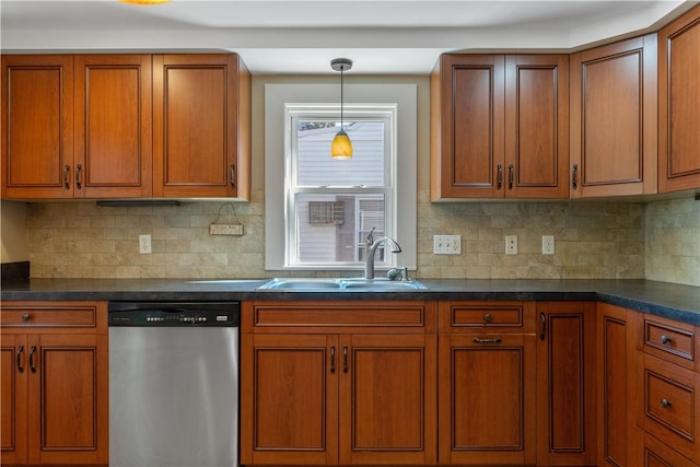 74 Park View Blvd, Cranston, RI 02910 - kitchen with dishwasher, dark countertops, and brown cabinets