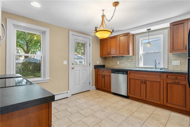 74 Park View Blvd, Cranston, RI 02910 - kitchen with stainless steel dishwasher, a baseboard radiator, dark countertops, and backsplash