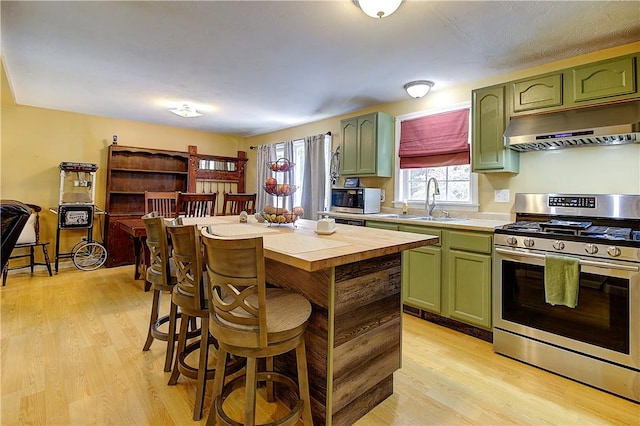 39 Old Onset Rd, Wareham, MA 02558 - kitchen with green cabinets, appliances with stainless steel finishes, under cabinet range hood, a breakfast bar, and light wood-style floors