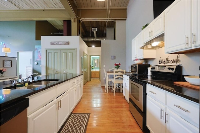 685 Social St Unit 103, Woonsocket, RI 02895 - kitchen featuring stainless steel appliances, under cabinet range hood, a wood ceiling with exposed beams, high vaulted ceiling, and white cabinetry