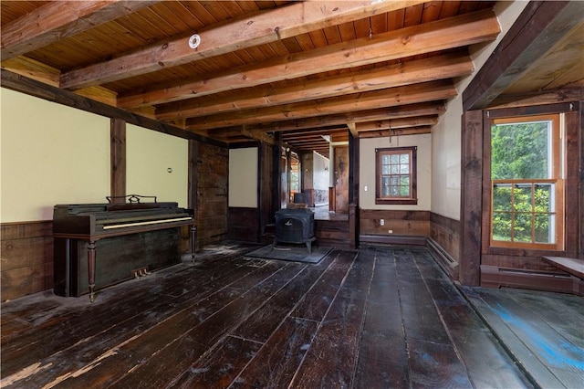 84 Skunk Hill Rd, Hopkinton, RI 02832 - misc room with wood-type flooring, a wood stove, a wooden ceiling with exposed beams, a wainscoted wall, and wooden walls