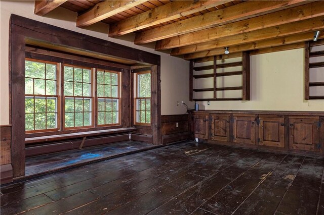 84 Skunk Hill Rd, Hopkinton, RI 02832 - kitchen featuring a wood ceiling with exposed beams, wainscoting, dark wood-type flooring, and wooden walls