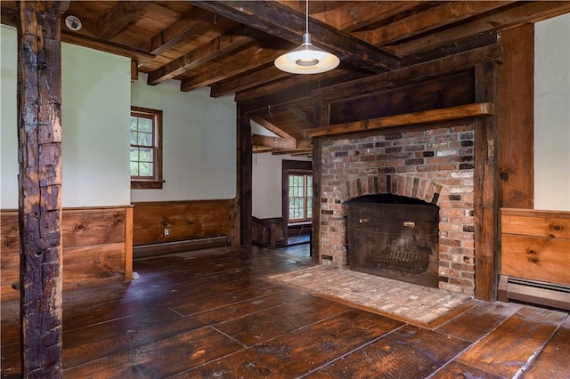 84 Skunk Hill Rd, Hopkinton, RI 02832 - unfurnished living room featuring hardwood / wood-style floors, a wood ceiling with exposed beams, a wainscoted wall, wooden walls, and healthy amount of natural light