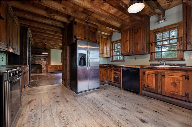 84 Skunk Hill Rd, Hopkinton, RI 02832 - kitchen featuring stainless steel refrigerator with ice dispenser, electric range oven, a wooden ceiling with exposed beams, black dishwasher, and light wood-style floors