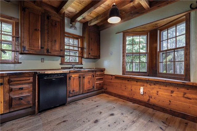 84 Skunk Hill Rd, Hopkinton, RI 02832 - kitchen featuring black dishwasher, a wood ceiling with exposed beams, healthy amount of natural light, light wood-style floors, and dark countertops