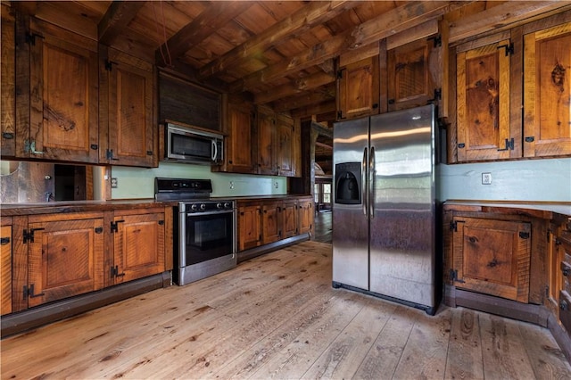 84 Skunk Hill Rd, Hopkinton, RI 02832 - kitchen featuring stainless steel appliances, a wood ceiling with exposed beams, light wood finished floors, and brown cabinets