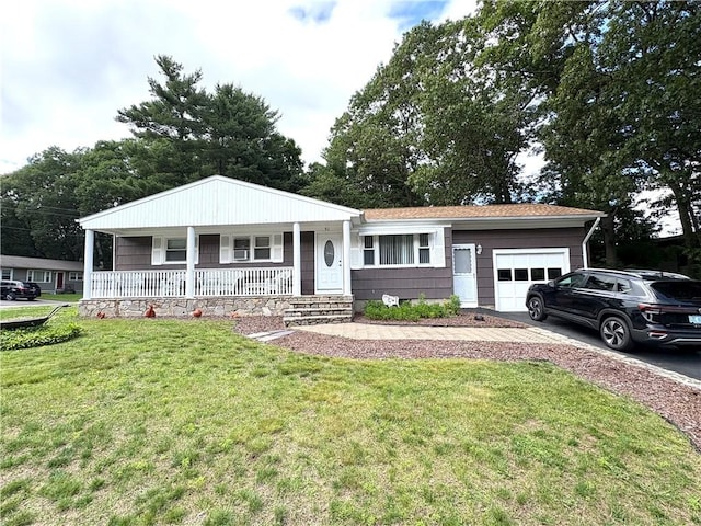 51 Old Carriage Rd, West Warwick, RI 02893 - ranch-style home with covered porch, a garage, driveway, and a front yard