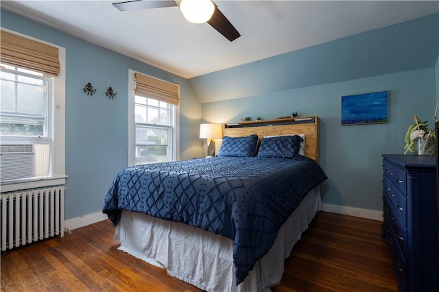 39 Chester Ave, Westerly, RI 02891 - bedroom with radiator heating unit, dark wood-style floors, ceiling fan, and vaulted ceiling