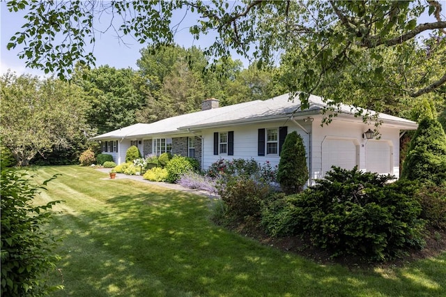 38 Setting Sun Dr, Westerly, RI 02891 - single story home featuring an attached garage, a front lawn, and a chimney