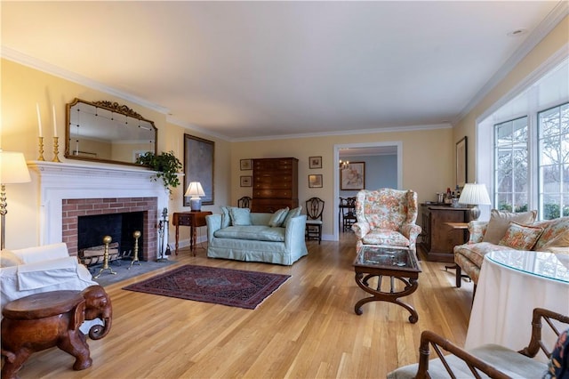 38 Setting Sun Dr, Westerly, RI 02891 - living area with wood finished floors, ornamental molding, and a brick fireplace