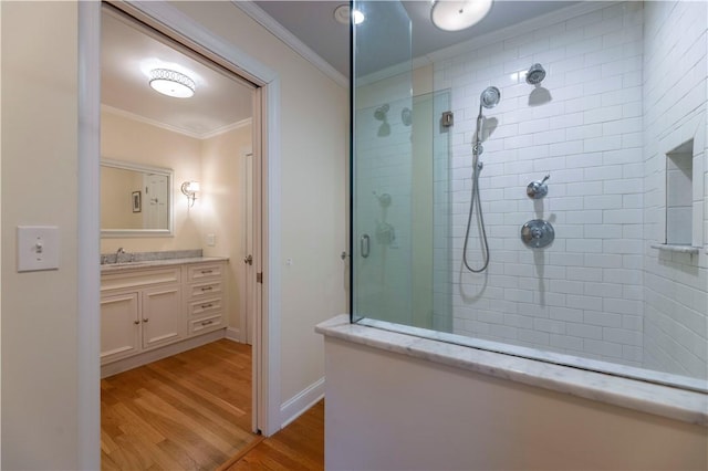 38 Setting Sun Dr, Westerly, RI 02891 - full bath featuring crown molding, walk in shower, vanity, and wood finished floors