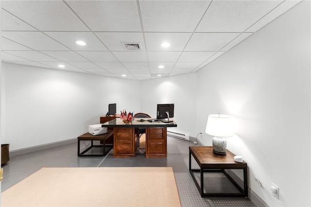 27 Eagle Dr, North Kingstown, RI 02852 - office space with baseboard heating, recessed lighting, a paneled ceiling, and dark colored carpet