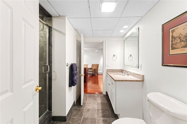 27 Eagle Dr, North Kingstown, RI 02852 - bathroom with vanity, a stall shower, a paneled ceiling, and recessed lighting