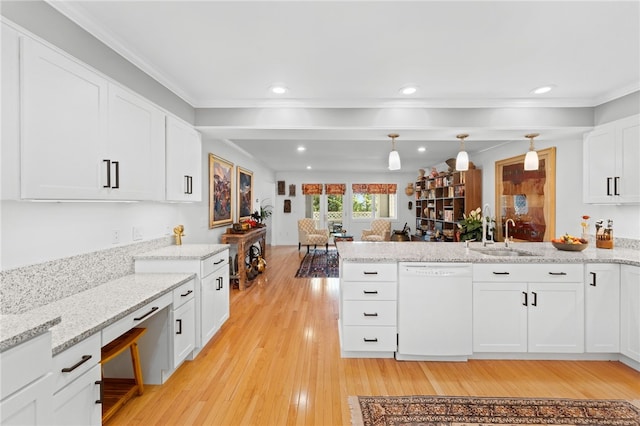 27 Eagle Dr, North Kingstown, RI 02852 - kitchen featuring dishwasher, a peninsula, light wood-style floors, white cabinetry, and ornamental molding