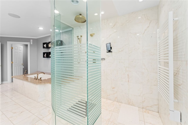 27 Eagle Dr, North Kingstown, RI 02852 - bathroom with a garden tub, a shower stall, ornamental molding, recessed lighting, and a towel warming rack