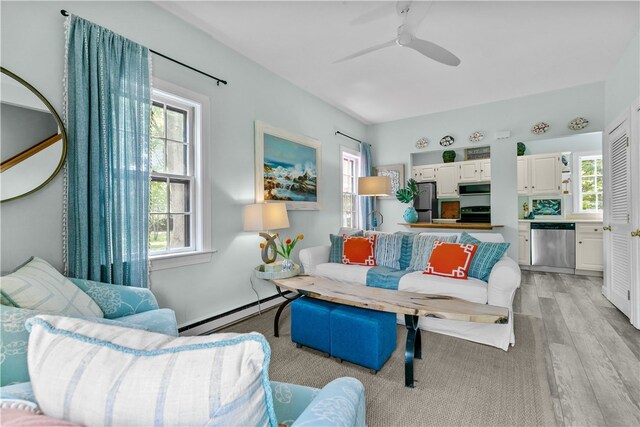 97 Narragansett Ave Unit C4, Newport, RI 02840 - living area featuring baseboard heating, healthy amount of natural light, light wood-style flooring, and a ceiling fan