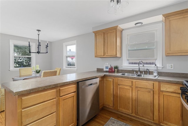 17 Victor Emanuel Ave, Providence, RI 02904 - kitchen featuring dishwasher, a chandelier, a peninsula, dark wood-type flooring, and plenty of natural light