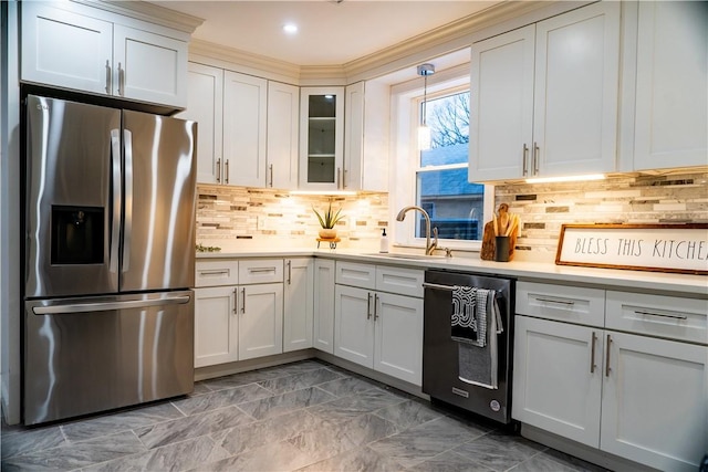 945 Danielson Pike, Scituate, RI 02857 - kitchen with stainless steel fridge with ice dispenser, dishwasher, light countertops, glass insert cabinets, and backsplash