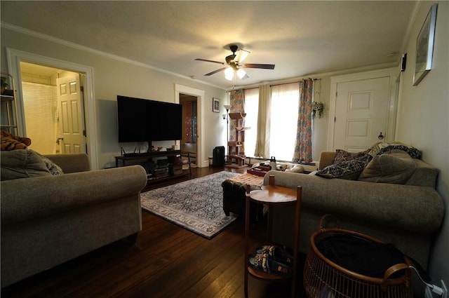 318 Saint Paul St, North Smithfield, RI 02896 - living room featuring a ceiling fan, dark wood-style floors, and ornamental molding