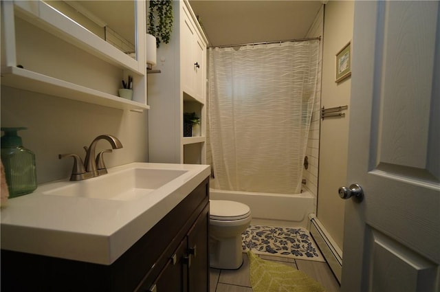 318 Saint Paul St, North Smithfield, RI 02896 - full bathroom with a baseboard radiator, vanity, shower / tub combo, and tile patterned flooring