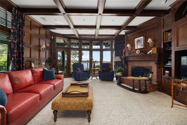 17 Pojac Point Rd, North Kingstown, RI 02852 - living room with carpet floors, coffered ceiling, healthy amount of natural light, beamed ceiling, and a fireplace
