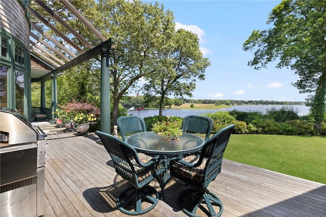 17 Pojac Point Rd, North Kingstown, RI 02852 - wooden terrace with a water view, outdoor dining area, a yard, area for grilling, and a pergola