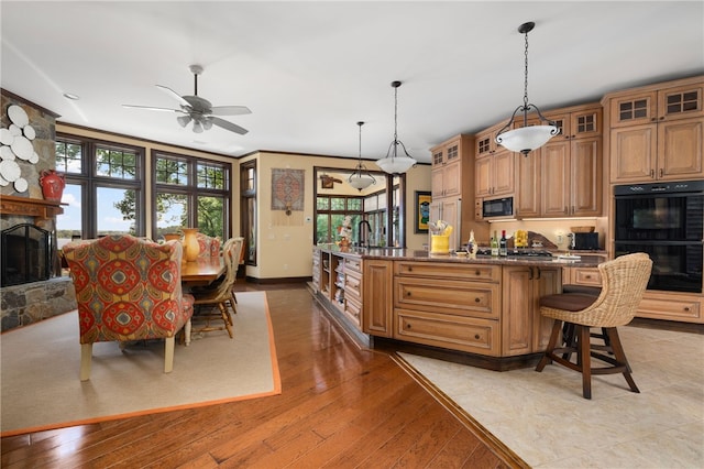17 Pojac Point Rd, North Kingstown, RI 02852 - kitchen with black appliances, healthy amount of natural light, a fireplace, and a ceiling fan
