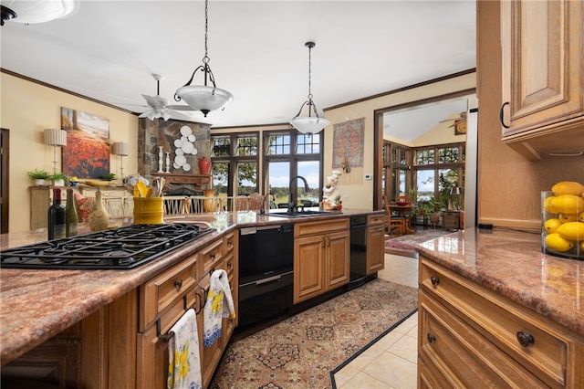 17 Pojac Point Rd, North Kingstown, RI 02852 - kitchen with black appliances, light tile patterned flooring, ceiling fan, plenty of natural light, and crown molding