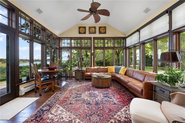 17 Pojac Point Rd, North Kingstown, RI 02852 - sunroom featuring healthy amount of natural light, high vaulted ceiling, hardwood / wood-style flooring, and a water view
