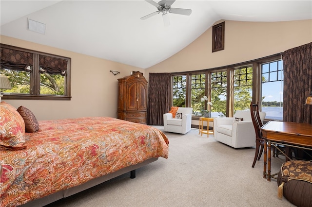 17 Pojac Point Rd, North Kingstown, RI 02852 - bedroom featuring light colored carpet, high vaulted ceiling, and ceiling fan