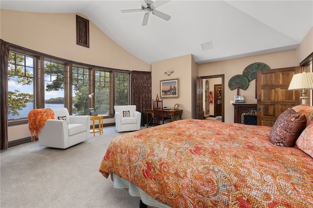 17 Pojac Point Rd, North Kingstown, RI 02852 - bedroom with high vaulted ceiling, light carpet, multiple windows, a water view, and ceiling fan