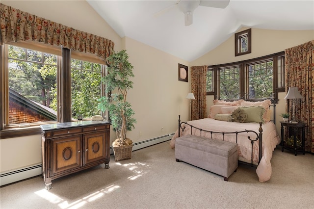 17 Pojac Point Rd, North Kingstown, RI 02852 - carpeted bedroom with lofted ceiling, a baseboard radiator, and a ceiling fan