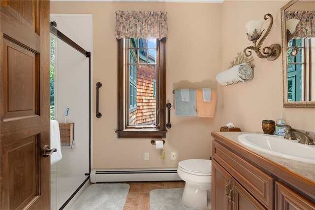 17 Pojac Point Rd, North Kingstown, RI 02852 - full bathroom featuring baseboard heating, vanity, plenty of natural light, and a shower with shower door
