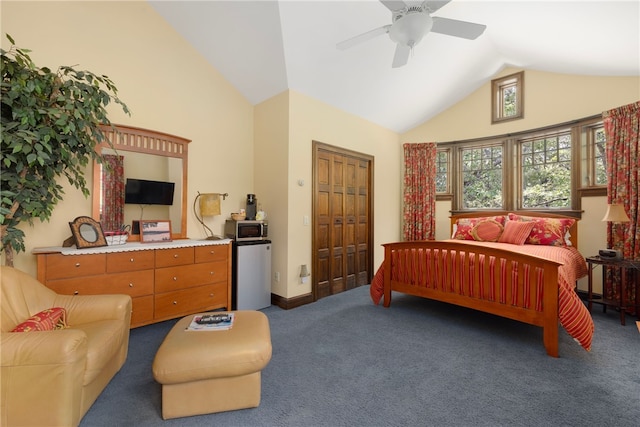 17 Pojac Point Rd, North Kingstown, RI 02852 - bedroom with high vaulted ceiling, carpet floors, refrigerator, a ceiling fan, and a closet