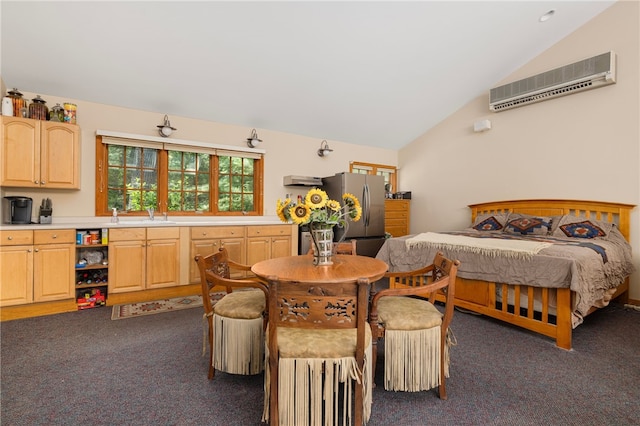 17 Pojac Point Rd, North Kingstown, RI 02852 - bedroom featuring freestanding refrigerator, dark carpet, a wall unit AC, and lofted ceiling