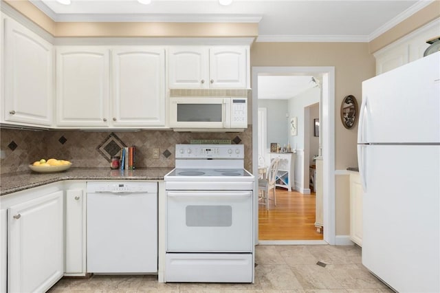 25 Rosewood Dr, North Providence, RI 02904 - kitchen with white appliances, white cabinets, stone countertops, and ornamental molding