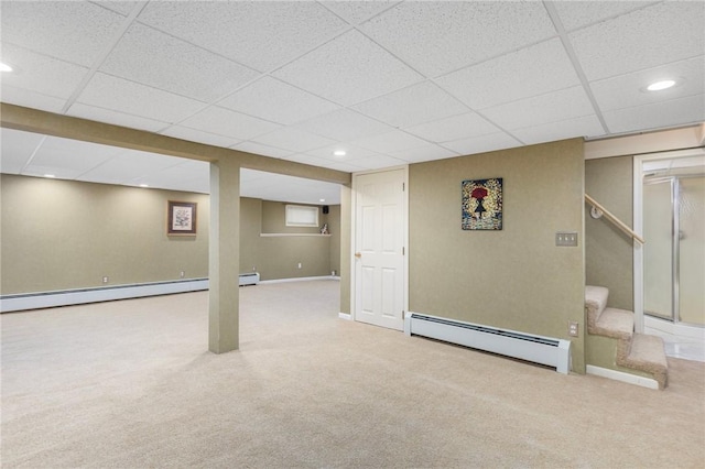 25 Rosewood Dr, North Providence, RI 02904 - finished basement featuring baseboard heating, carpet flooring, recessed lighting, stairs, and a drop ceiling